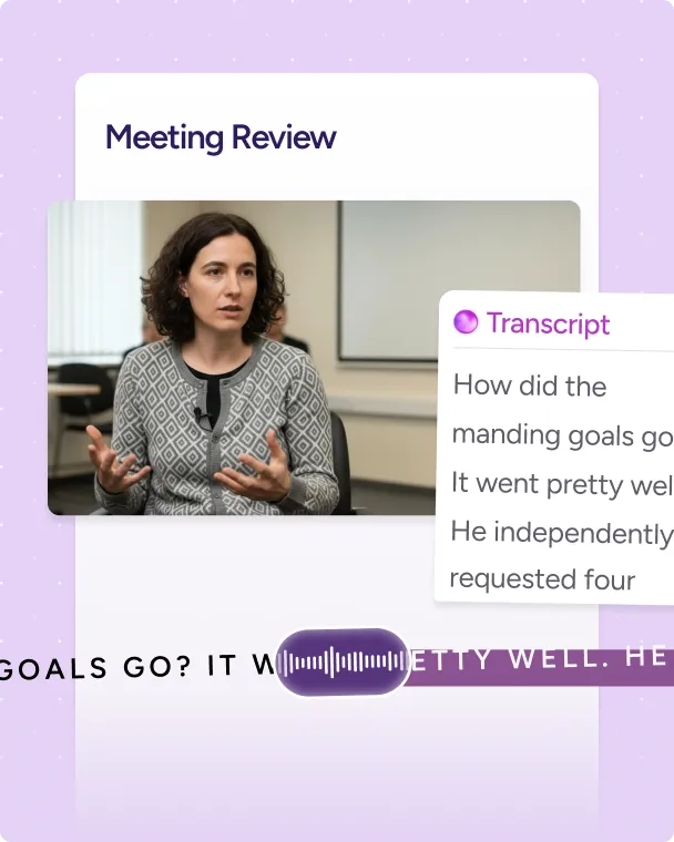 Woman with curly hair in a patterned cardigan explaining during a meeting review, accompanied by a transcript snippet and audio waveform icon.
