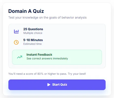 Quiz introduction for Domain A Quiz with 25 multiple choice questions, 5-10 minutes estimated time, instant feedback, and a note to score 80% or higher to pass with a Start Quiz button.