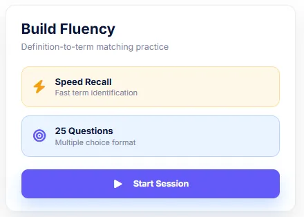 User interface for Build Fluency with options for Speed Recall fast term identification and 25 Questions multiple choice, and a purple Start Session button.