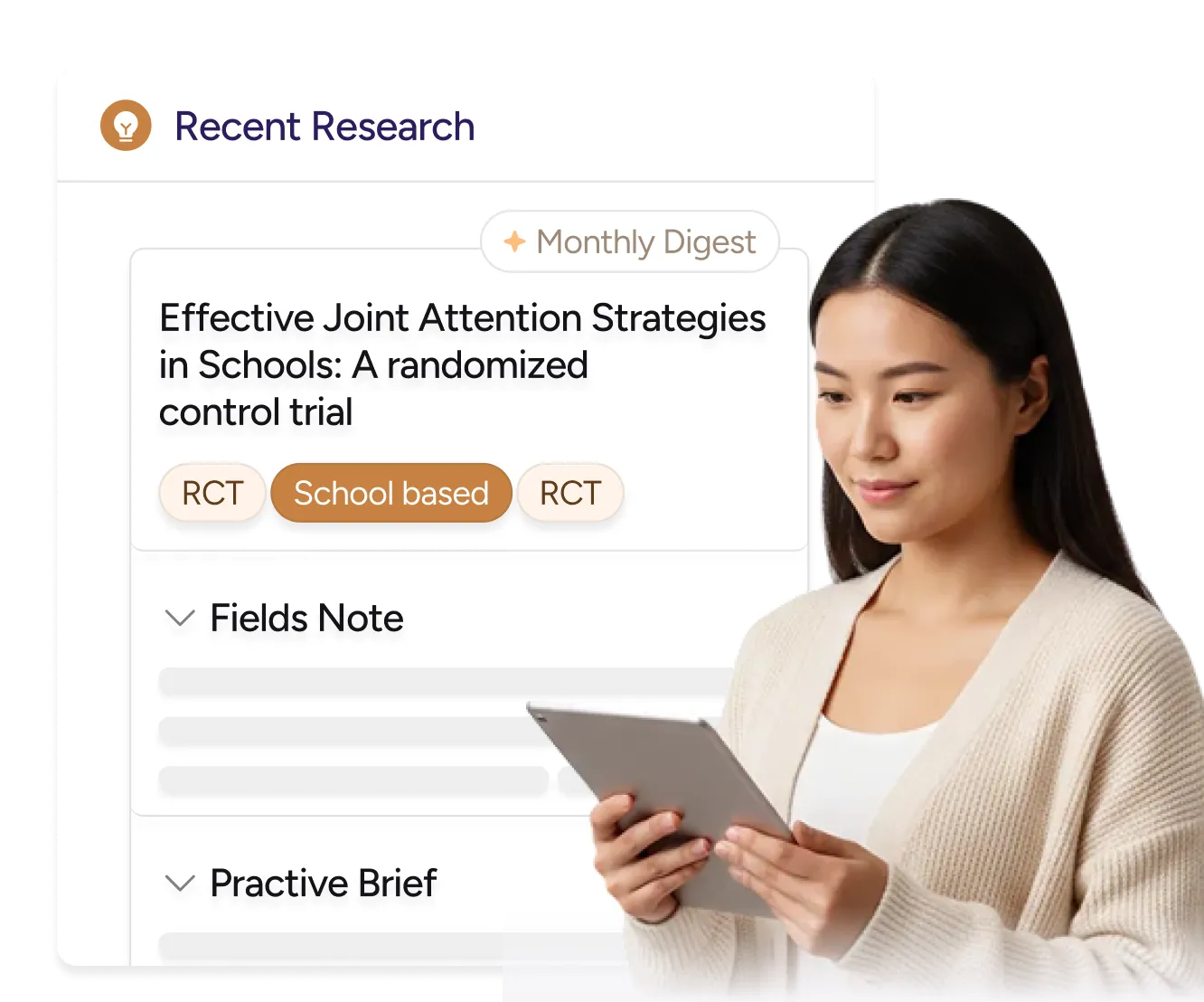 Woman holding and looking at a tablet with an overlay of a research article titled 'Effective Joint Attention Strategies in Schools: A Literature Review' with tags for School based and Lit Review.