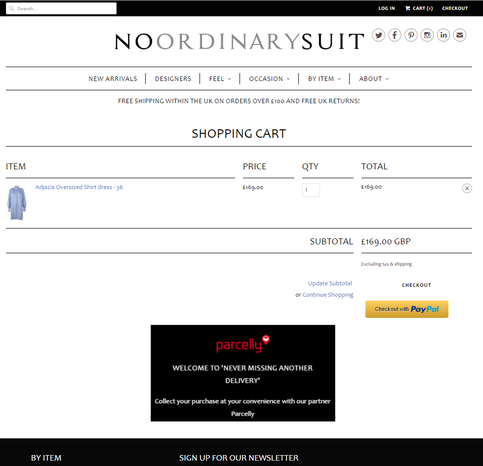 NoOrdinarySuit screenshot cart page Nov 2016