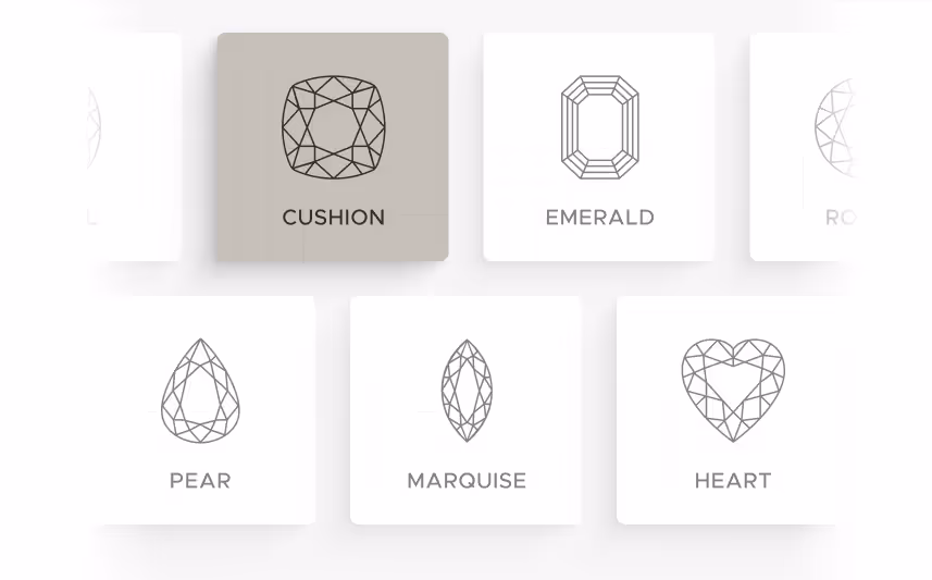 Illustrations of six different diamond cuts labeled as Cushion, Emerald, Pear, Marquise, and Heart, with Cushion highlighted in a shaded box.