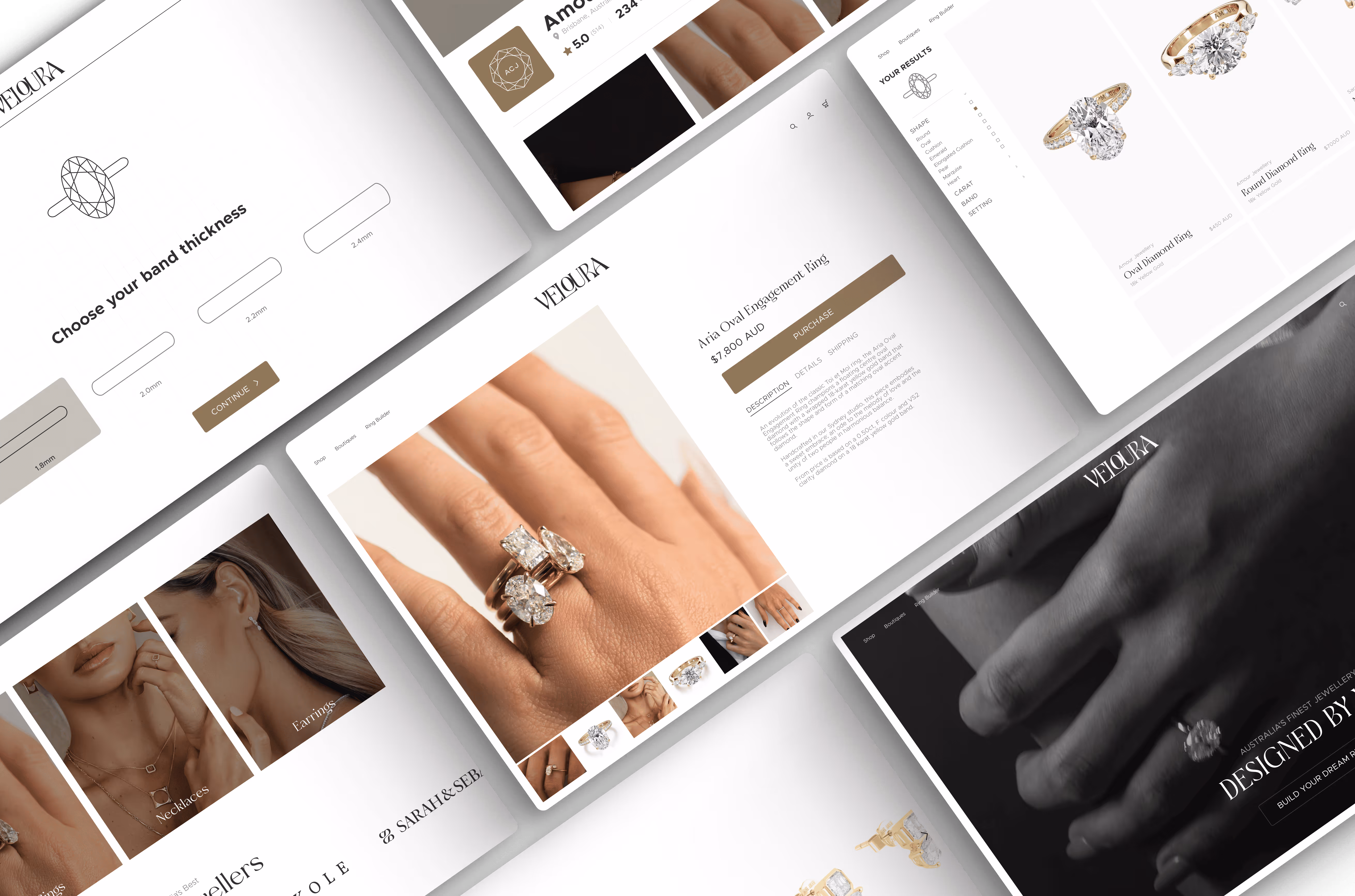 Multiple angled screenshots of a jewelry website showcasing diamond rings, engagement ring details, band thickness options, and necklace and earring displays.