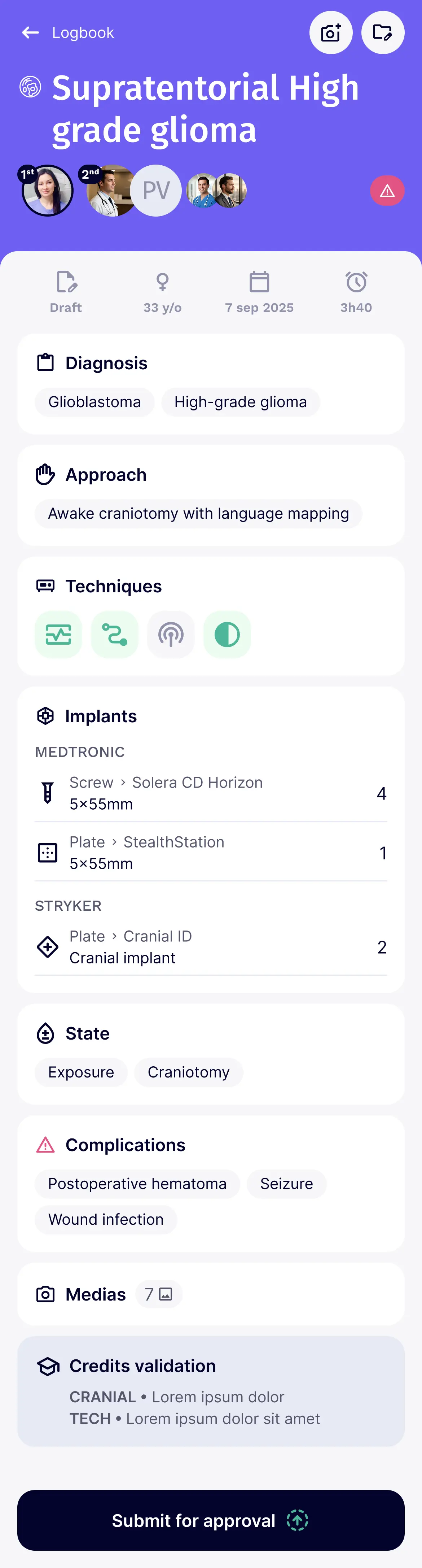 Logbook screen for supratentorial high-grade glioma patient, 33 years old, showing diagnosis, approach, techniques, implants, state, complications, media count, and credits validation with submit for approval button.