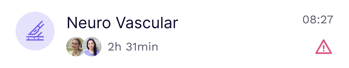 Digital interface showing Neuro Vascular procedure with duration 2 hours 31 minutes, scheduled at 08:27, featuring profile pictures of two women and a red warning icon.
