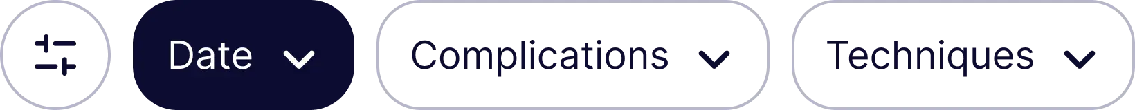 Filter options with dropdown menus for Date, Complications, and Techniques.
