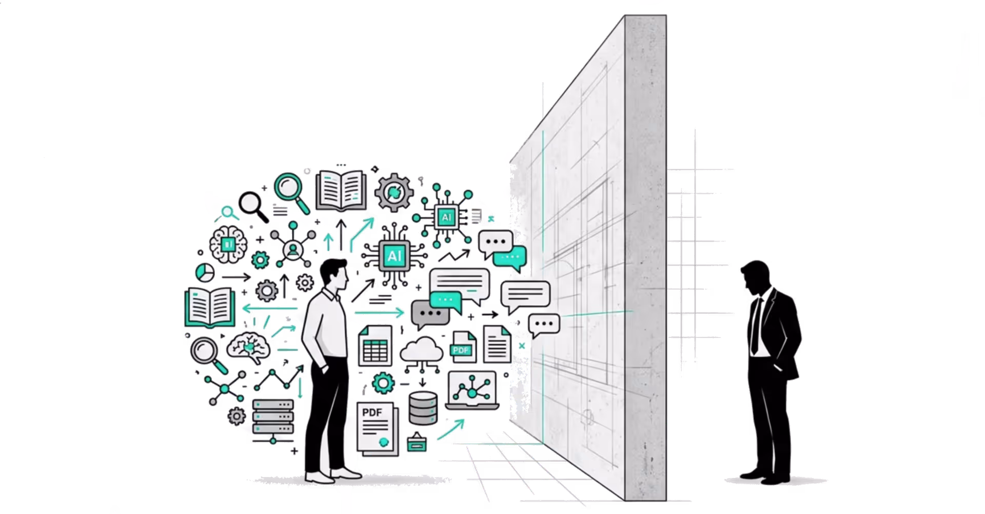 A buyer amd supplier are separated by a wall.  The buyer on the left is surrounded by icons representing research. The supplier on the right is unaware the buyer is reseraching him.