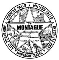 Seal of Montague, Massachusetts, featuring a five-point star with illustrations of town landmarks and surrounding areas labeled Turners Falls, Millers Falls, Montague City, Montague Center, and Lake Pleasant.