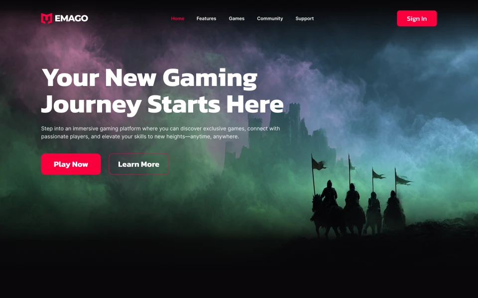Gaming website homepage with silhouetted knights on horseback carrying flags in mist before a castle, featuring the text 'Your New Gaming Journey Starts Here' and buttons for Play Now and Learn More.