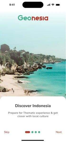 Coastal landscape with rocky cliffs and turquoise water under the heading Geonesia and text inviting users to discover Indonesia.