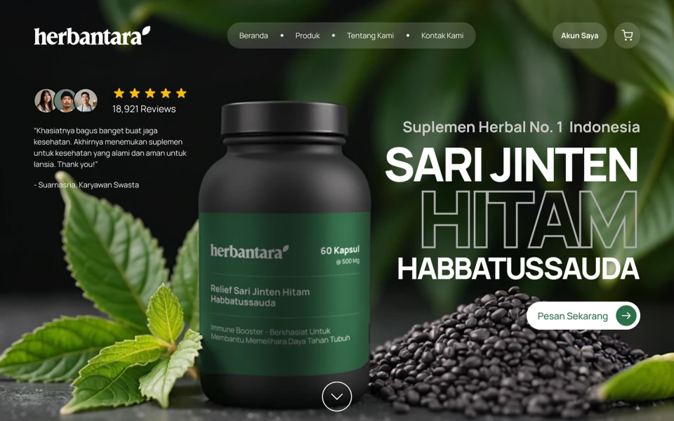 Herbantara herbal supplement bottle labeled Sari Jinten Hitam Habbatussauda with black seeds and green leaves in the background, featuring a customer review and a 'Pesan Sekarang' button.