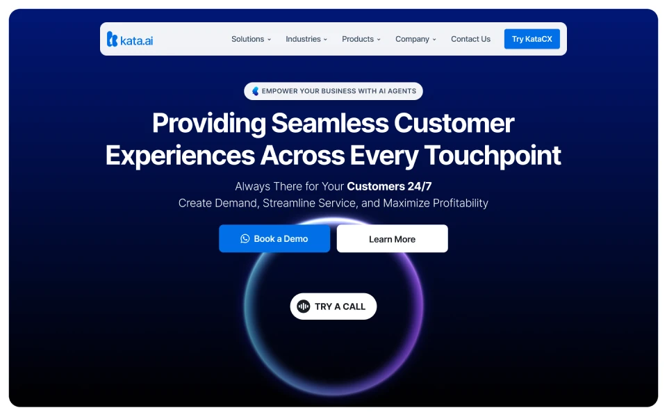 Website header for kata.ai promoting seamless customer experiences with AI, featuring call-to-action buttons for booking a demo, learning more, and trying a call.