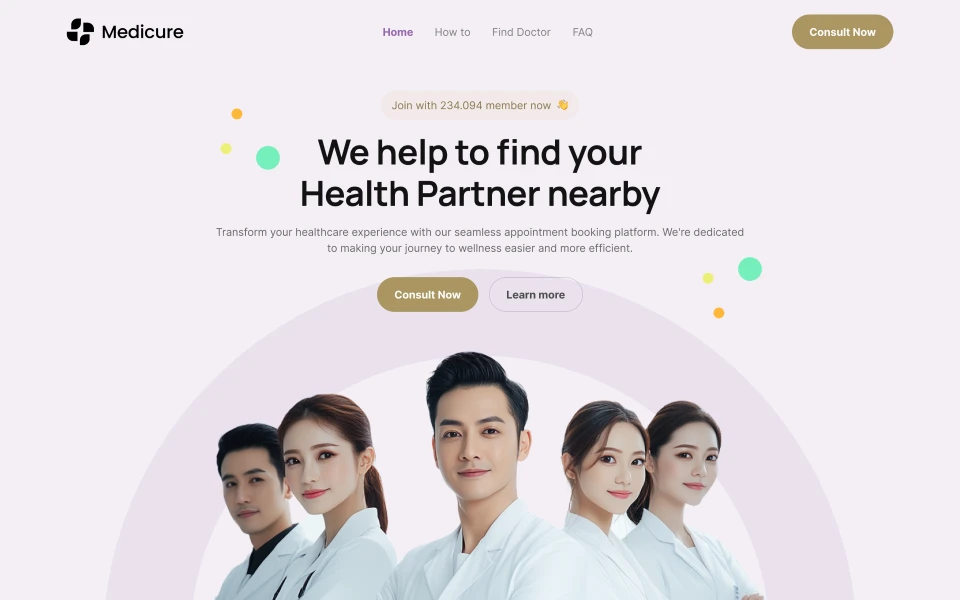 Website header with five healthcare professionals in white coats under text offering to help find a nearby health partner.