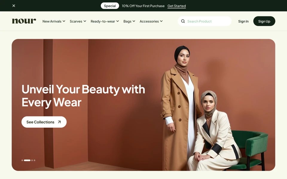 Two women wearing modest fashion outfits and hijabs posing against a brown background with text 'Unveil Your Beauty with Every Wear'.