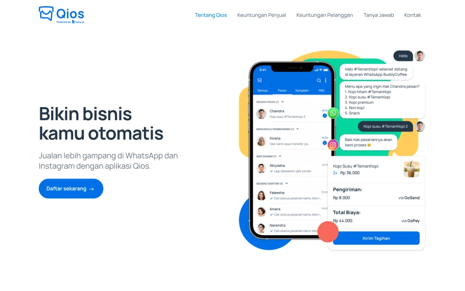 QiOS app interface showing automated business chat on WhatsApp with order details and payment options.