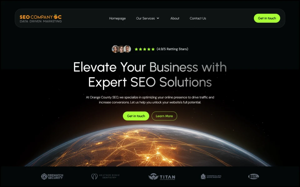 SEO Company homepage header showing navigation, customer rating, headline 'Elevate Your Business with Expert SEO Solutions', call-to-action buttons, and an image of Earth with network connections.