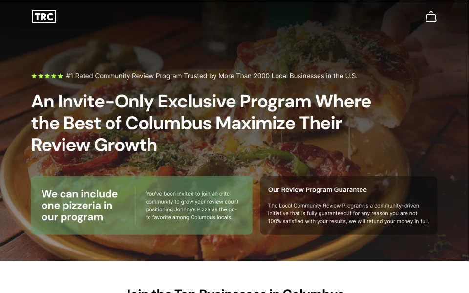 Website banner with a pizza background promoting an exclusive review growth program in Columbus, featuring text about including one pizzeria and a review program guarantee.