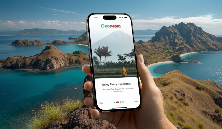 Hand holding a smartphone displaying the Geonesia travel app with an island landscape background.