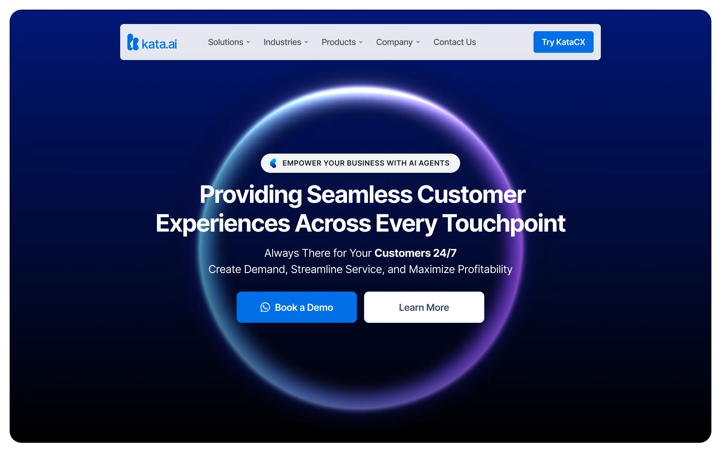 Kata.ai homepage offering seamless customer experiences with AI agents, featuring buttons for booking a demo and learning more.