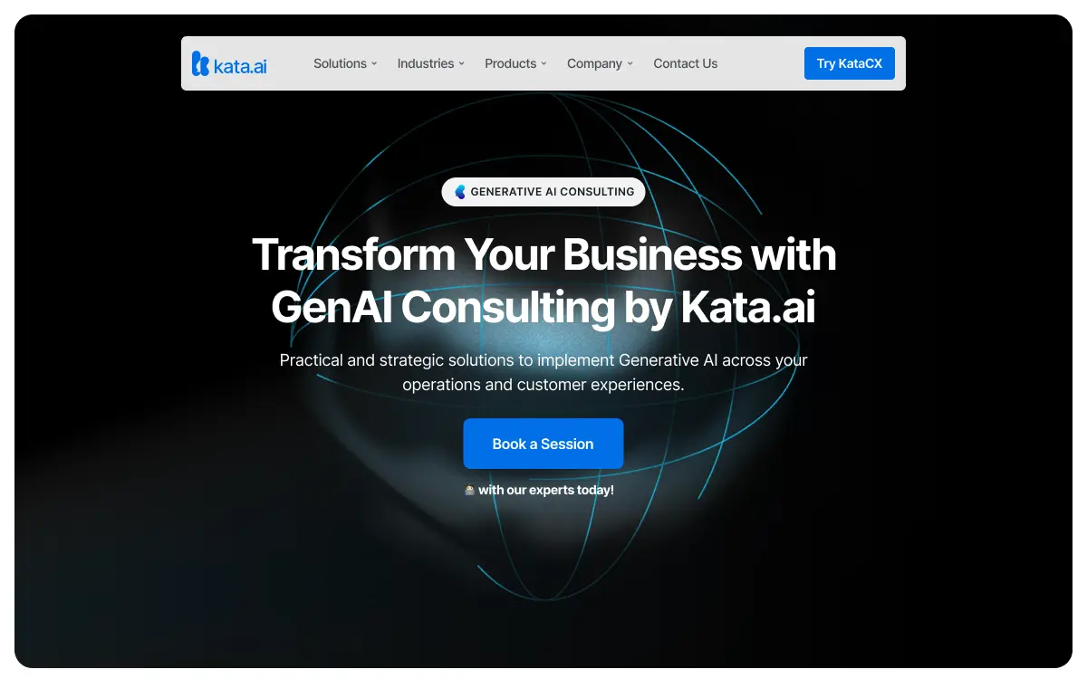 Website hero section for kata.ai showing navigation menu and text promoting GenAI consulting services with a Book a Session button.