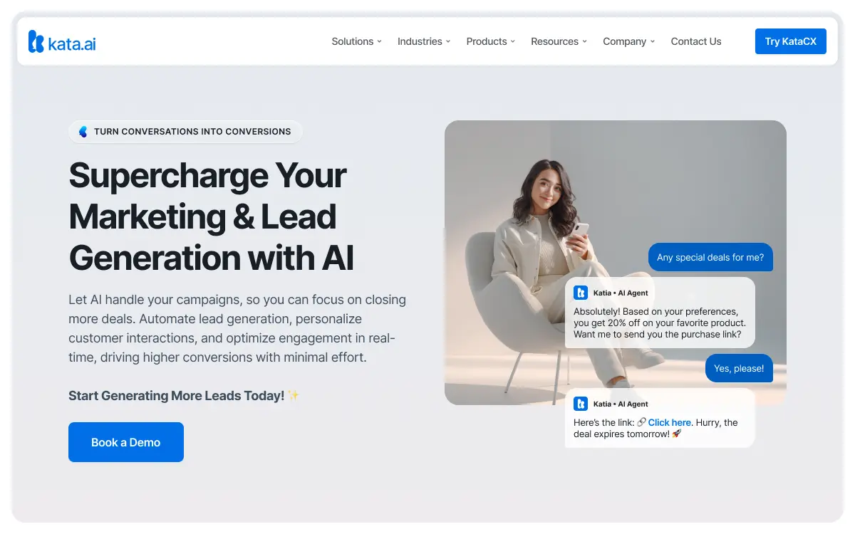 Website banner showing a woman seated on a chair holding a smartphone with chatbot messages about a 20% discount on a product and a clickable purchase link, promoting AI-powered marketing and lead generation with a 'Book a Demo' button.
