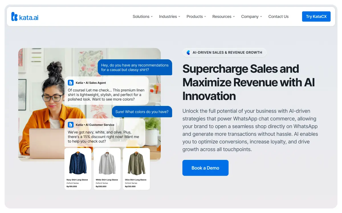 Woman in glasses and orange shirt using laptop with chatbot conversation recommending casual shirts in navy, white, and olive, alongside text about AI-driven sales growth and a blue 'Book a Demo' button.