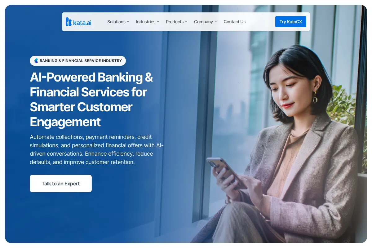 Woman in business attire sitting by a window using a smartphone, with text about AI-powered banking and financial services for smarter customer engagement.
