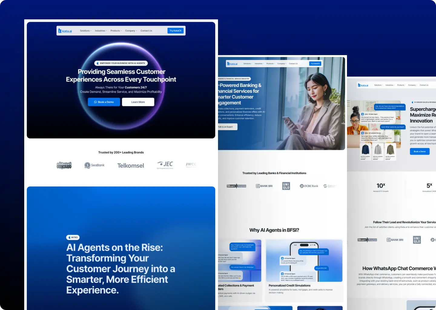 Website page showing AI-powered customer experience solutions with sections on seamless service, banking services, AI agents benefits, and WhatsApp chat commerce.