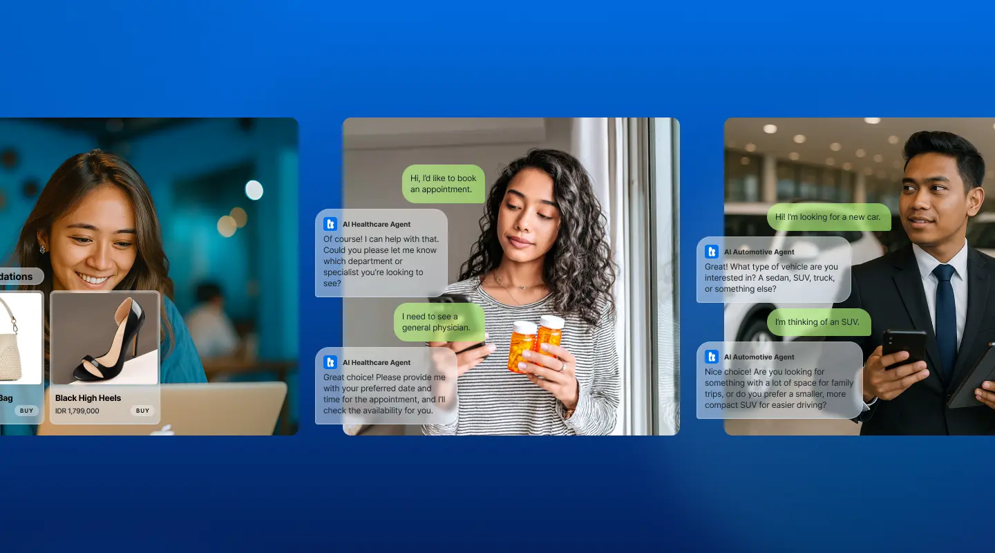 Three scenes showing AI chat agents assisting a woman shopping online, a woman booking a medical appointment, and a man looking for a new car.