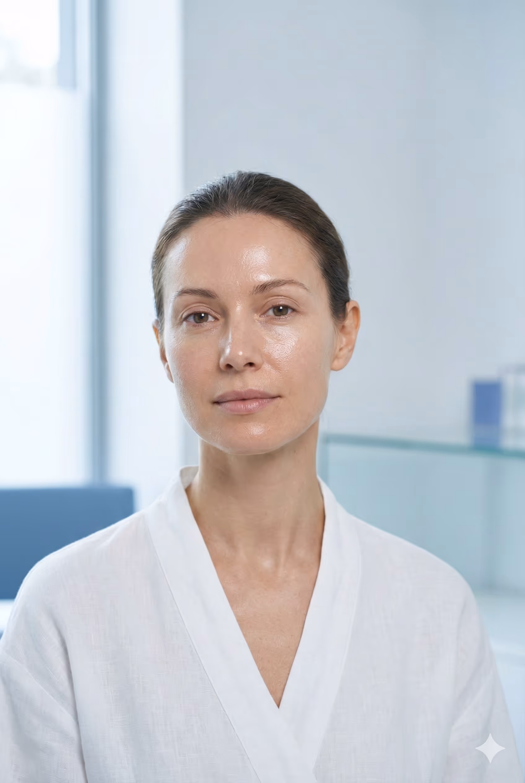 Close-up portrait of a woman with clear skin wearing a white robe in a bright indoor setting.