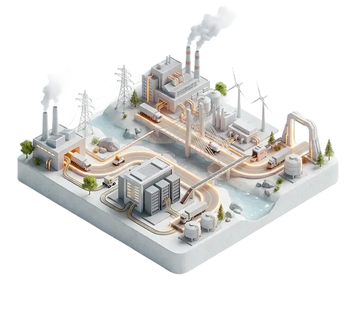 Isometric illustration of an industrial complex with factories emitting smoke, wind turbines, power lines, pipelines, and storage tanks interconnected across snowy terrain.