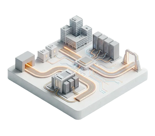 Isometric illustration of interconnected buildings and servers with glowing data pathways on a white platform.