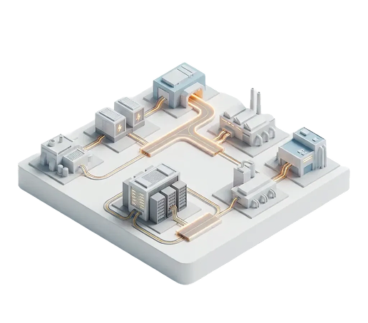 Isometric illustration of interconnected industrial buildings and power units linked by glowing pipelines on a square base.