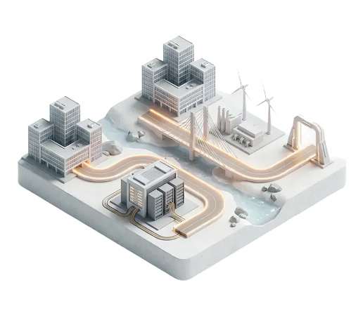 Isometric illustration of a smart city with modern buildings, a bridge over water, wind turbines, and interconnected glowing pathways.