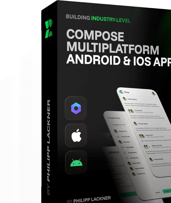 Black software box for composing industry-level multiplatform Android and iOS apps by Philipp Lackner, showing app icons and chat interface screens.