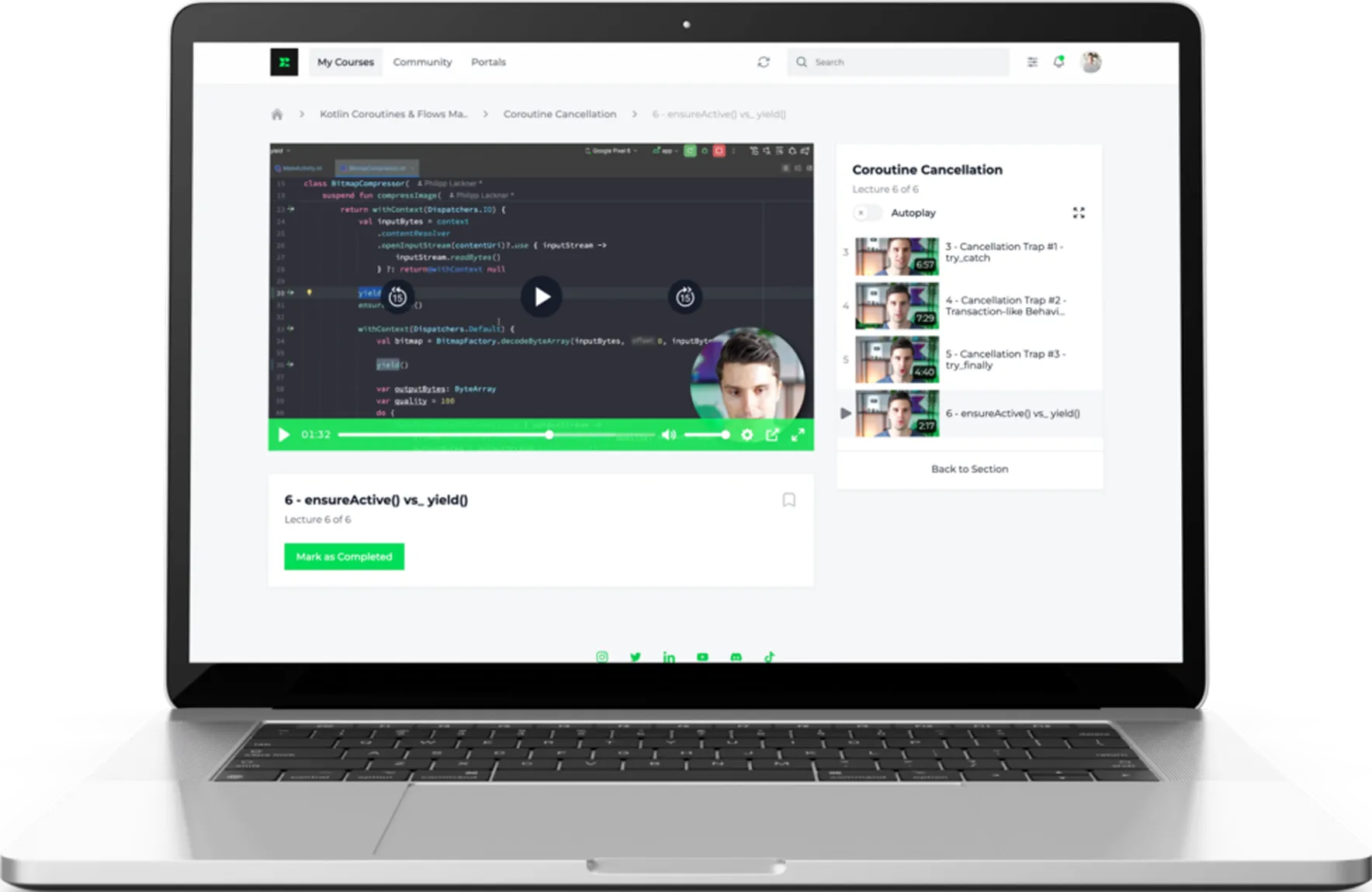 Laptop screen displaying an online programming course video titled '6 - ensureActive() vs_yield()' with code editor on the left and lecture list on the right.