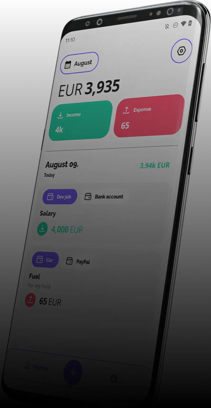 Smartphone screen displaying a finance app showing EUR 3,935 with income of 4k EUR and expense of 65 EUR for August 9.