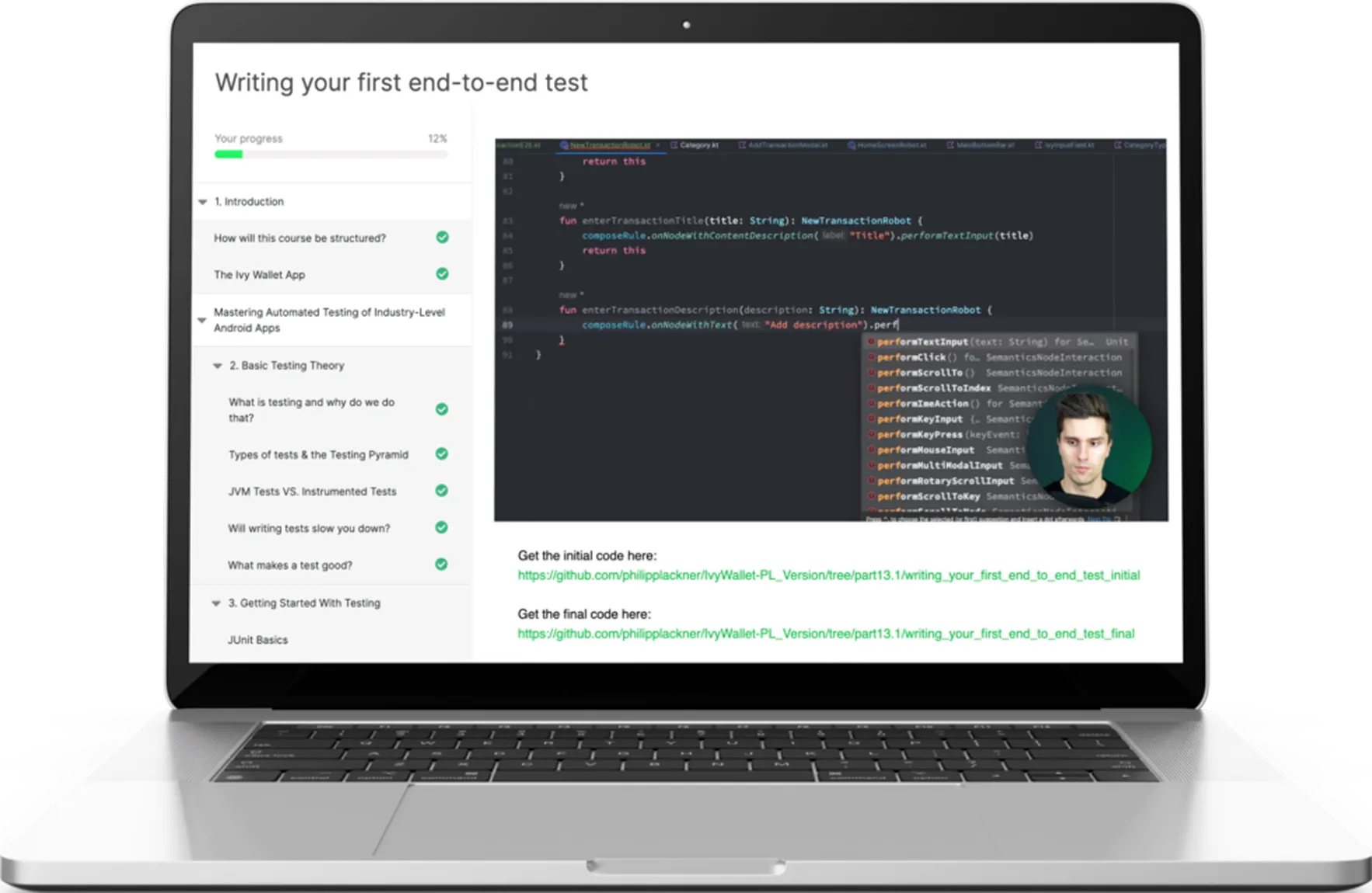 Open laptop displaying a coding tutorial titled 'Writing your first end-to-end test' with a progress bar at 12% and code editor on the right side.