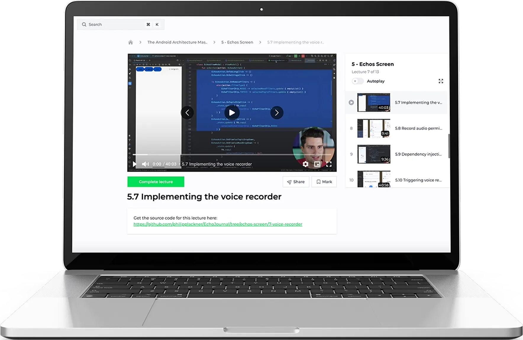 Laptop screen showing an online lecture titled '5.7 Implementing the voice recorder' with a video player, course outline, and source code link.