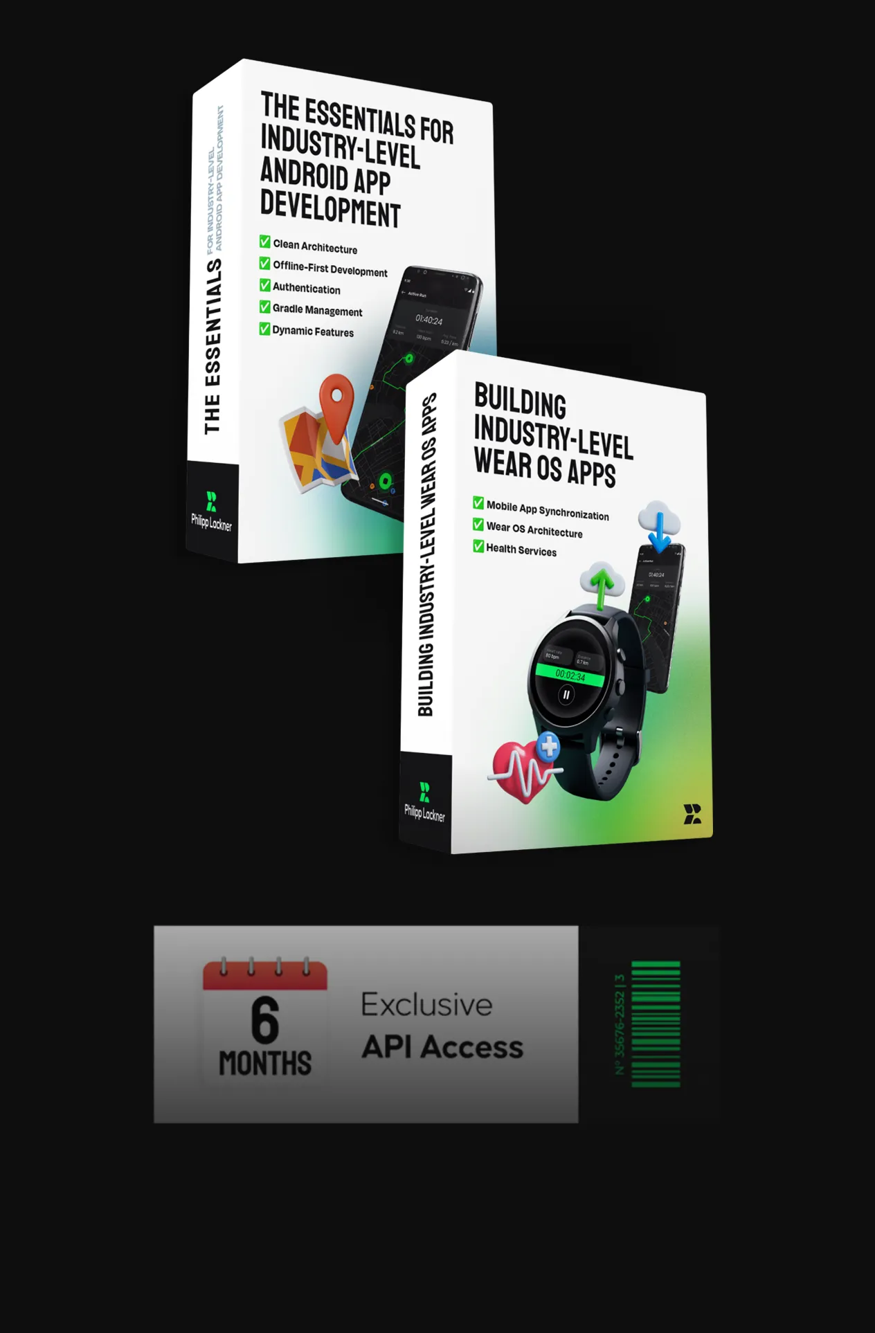 Two software development course boxes: one for industry-level Android app essentials with a checklist and map pin, and one for building industry-level Wear OS apps with a checklist and smartwatch illustration; below, a label reads '6 months Exclusive API Access'.