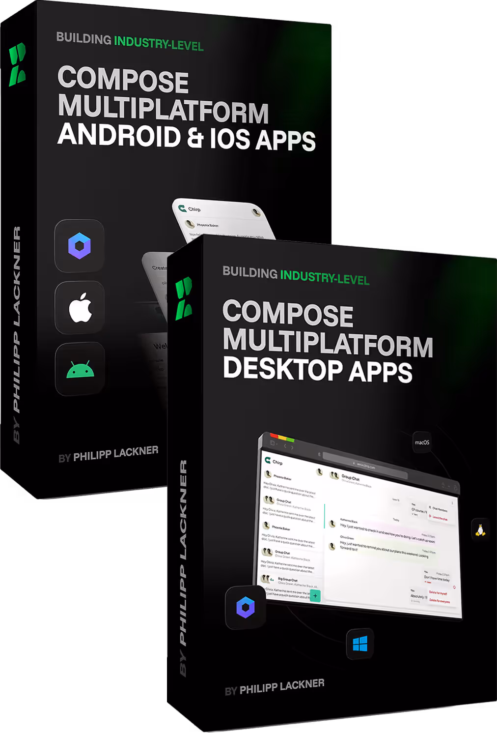 Black software box for a course titled Building Industry-Level Kotlin Backends with Spring Boot by Philipp Lackner featuring server image and Spring Boot and Kotlin icons.