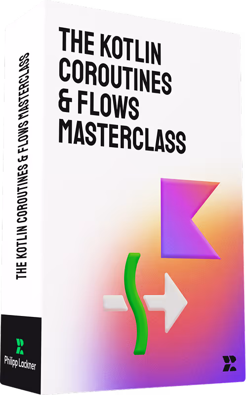 Box for The Kotlin Coroutines & Flows Masterclass by Philipp Lackner with Kotlin logo and colorful arrow design.