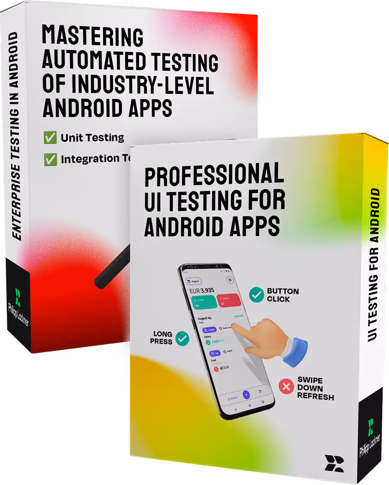 Two software training boxes titled 'Mastering Automated Testing of Industry-Level Android Apps' and 'Professional UI Testing for Android Apps' by Philipp Lackner, featuring a smartphone and testing icons.