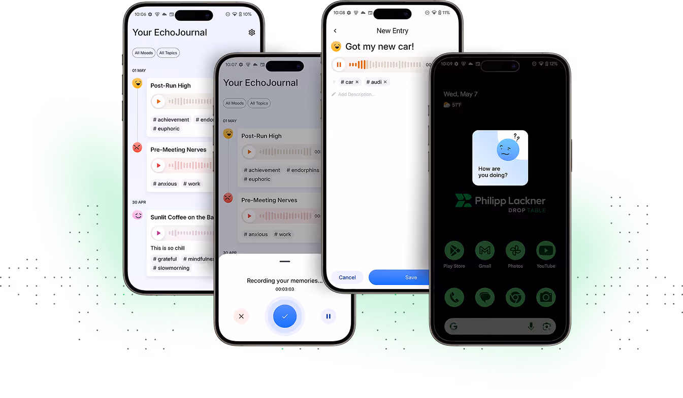 Six modern black smartphones with blank gray screens arranged overlapping with green light beneath them.