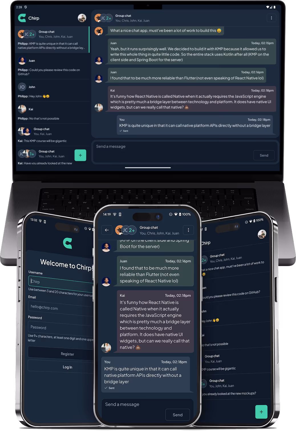 Laptop and three smartphones displaying Chirp chat app with group chat conversations and login screen.