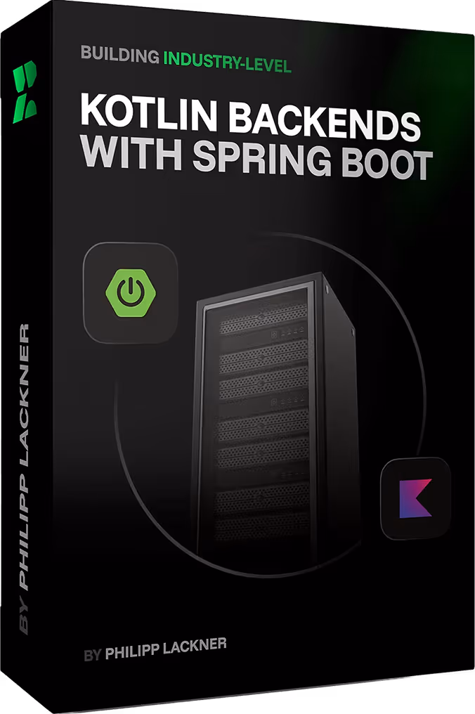 Book cover titled 'Building Industry-Level Kotlin Backends with Spring Boot' featuring a server tower and Spring Boot logo.
