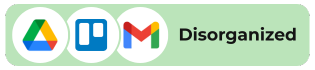 Icons for Google Drive, Trello, and Gmail followed by the word Disorganized on a light green rounded rectangle background.
