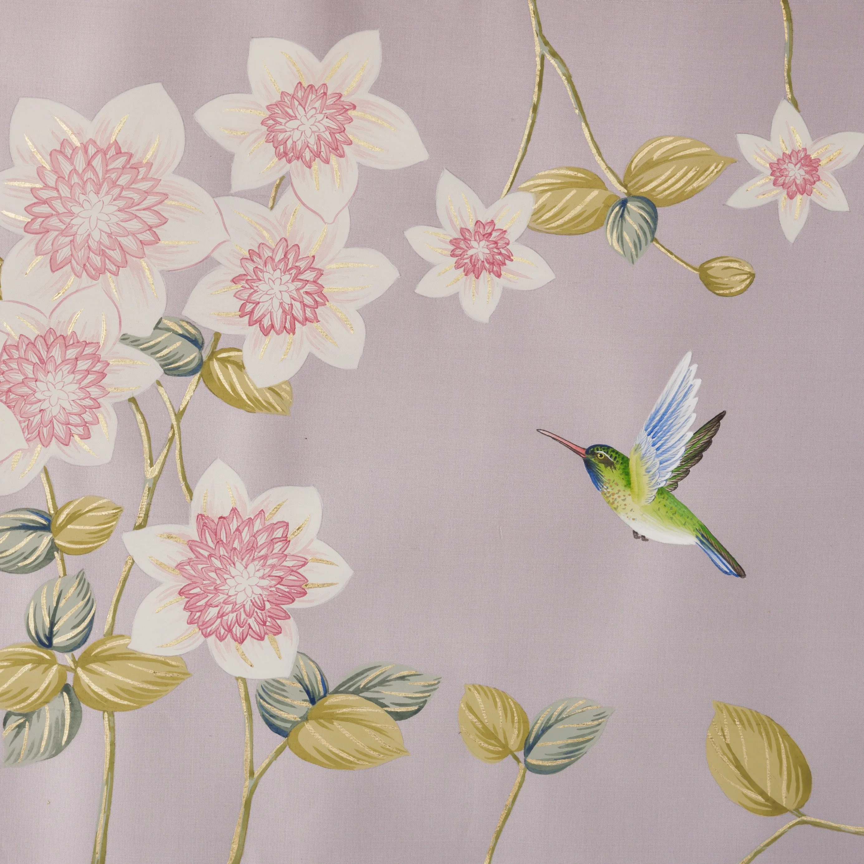 Detail of Clematis in Bloom Chinoiserie hand-painted wallcovering in Wistful showing embroidered hummingbirds among intertwining vines.