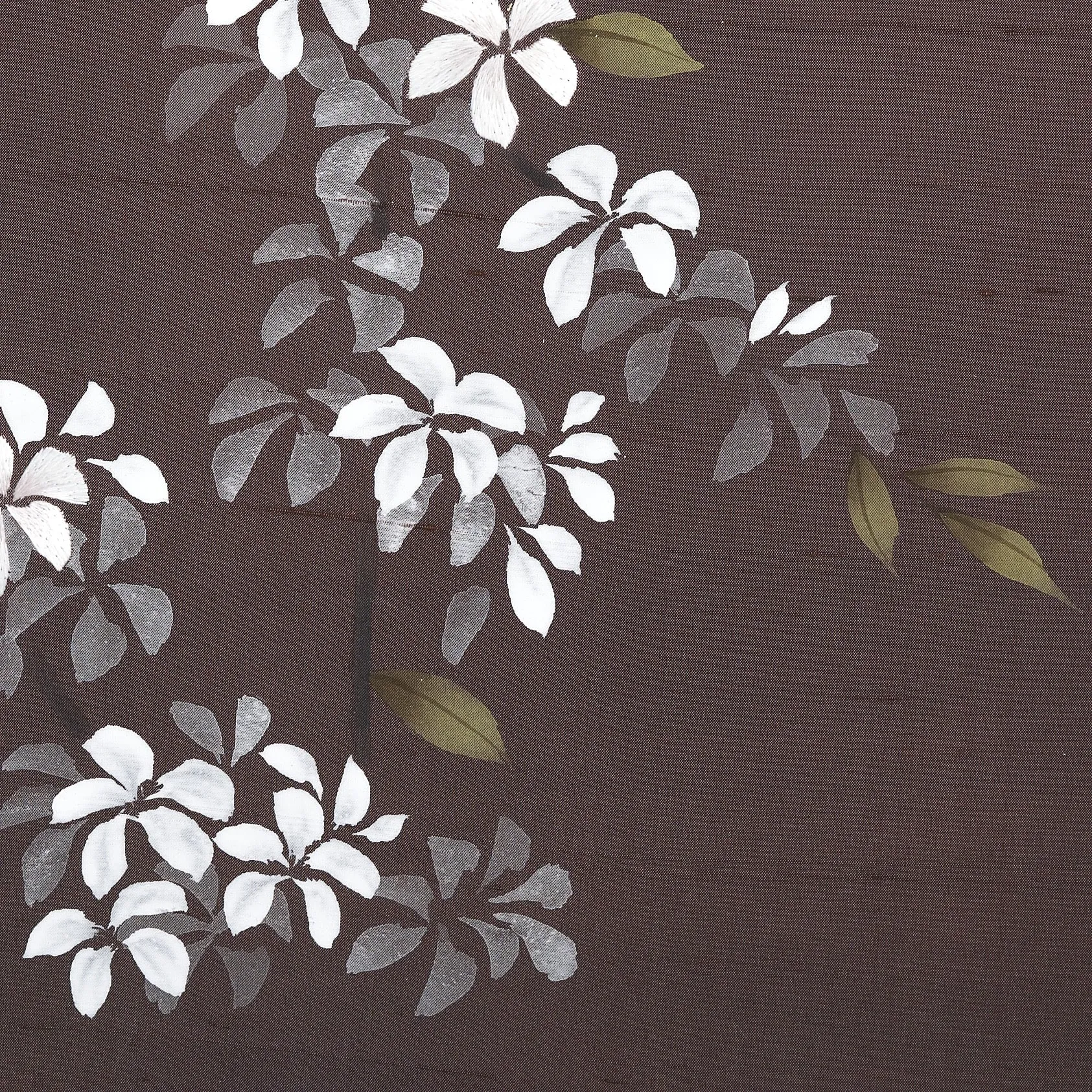 Detail of Blossom Canopy Chinoiserie hand-painted wallcovering in Mocha showing cascading cherry blossoms in warm brown tones by Stang Design.