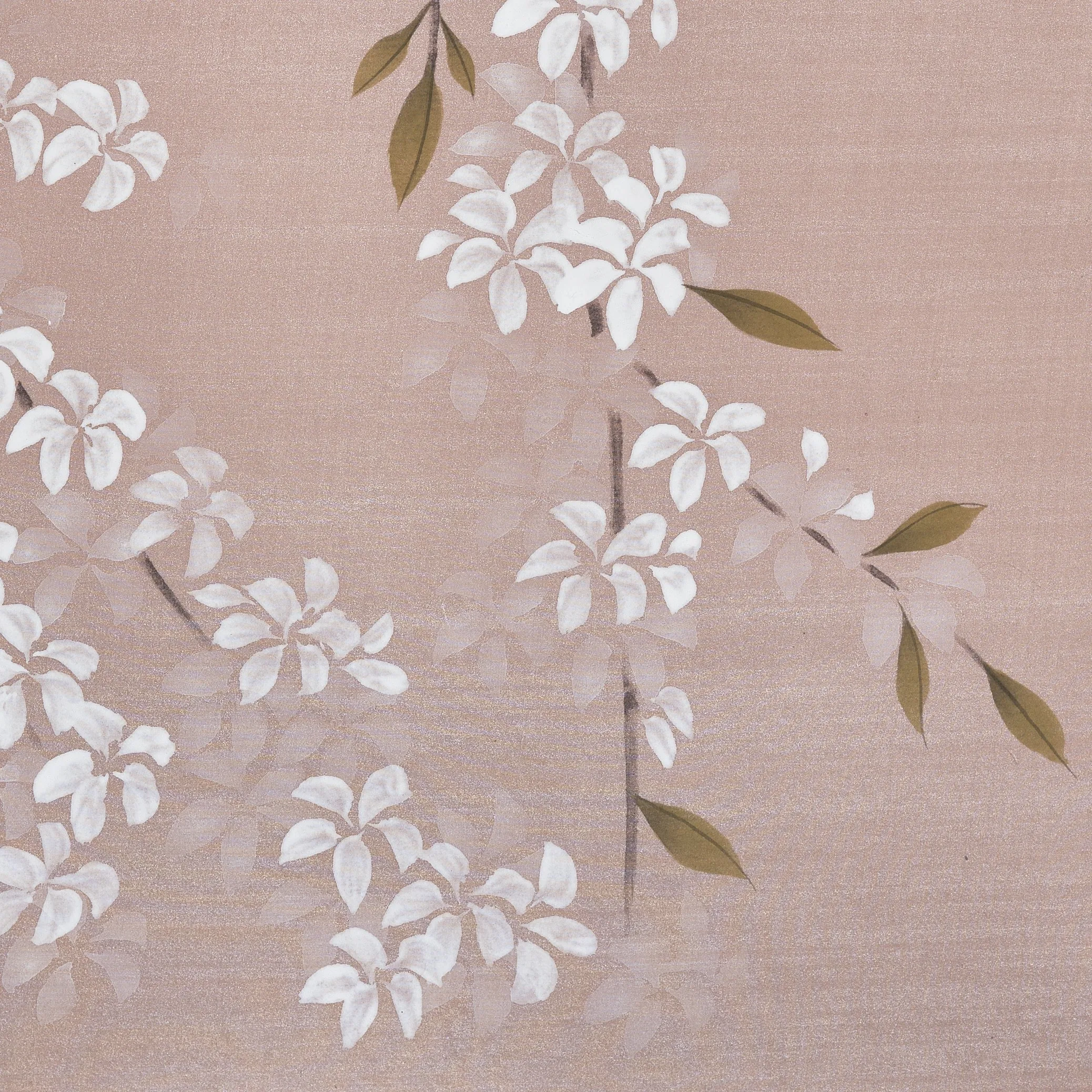 Blossom Canopy Chinoiserie hand-painted wallcovering in Shimmering Blush — cascading blossom branches in soft blush tones by Stang Design.